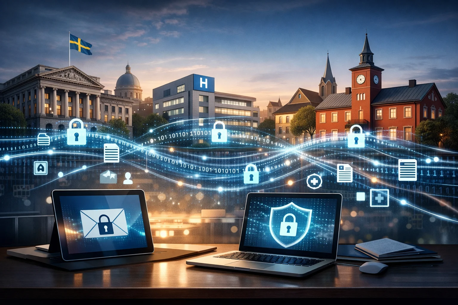 Illustration av säker digital kommunikation mellan kommuner och myndigheter med krypterade nätverk