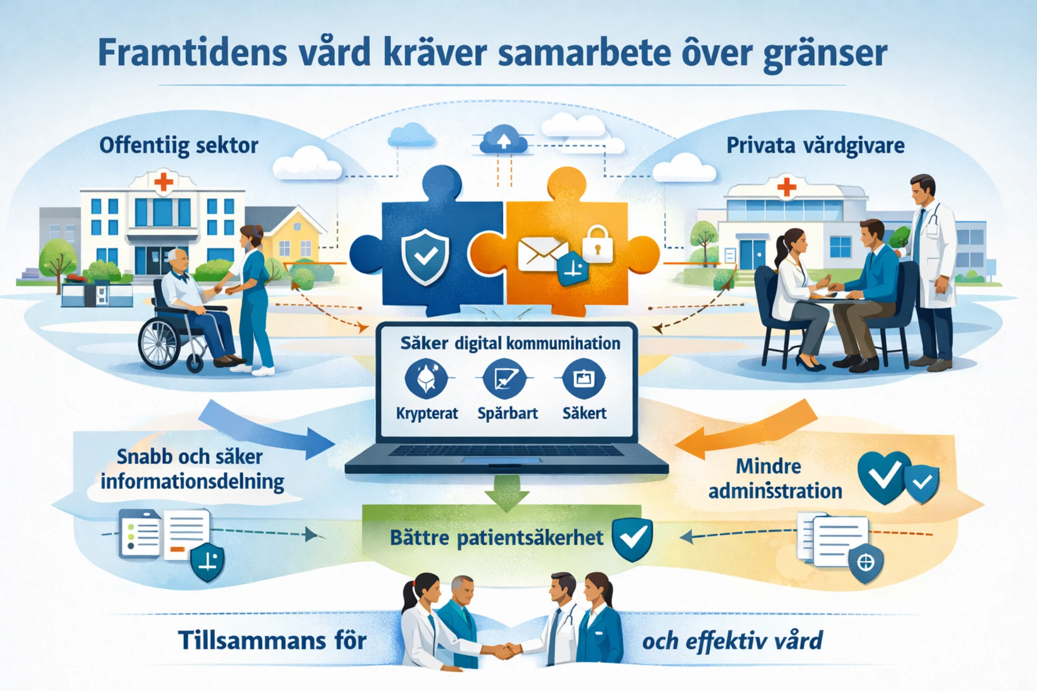 Illustration av offentlig sektor och privata vårdgivare som samarbetar med säker digital kommunikation